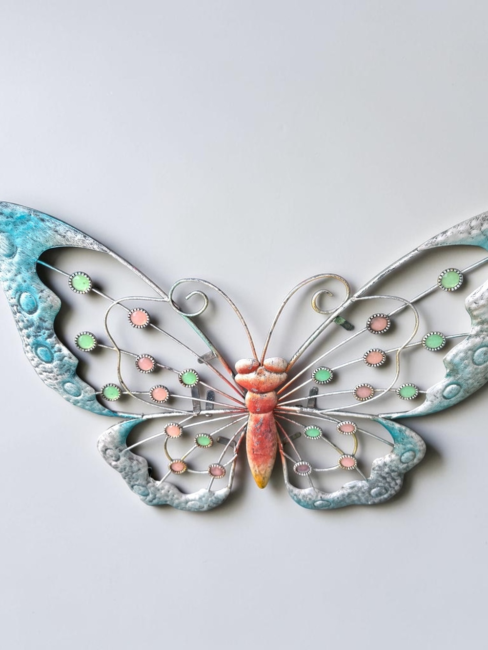 Large Metal Butterfly Wall Decor Turquoise Pink Jeweled Garden Art 30 Inch